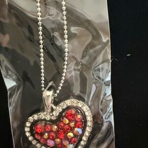 Heart Pendant beaded Necklace with Red and Silver Accents